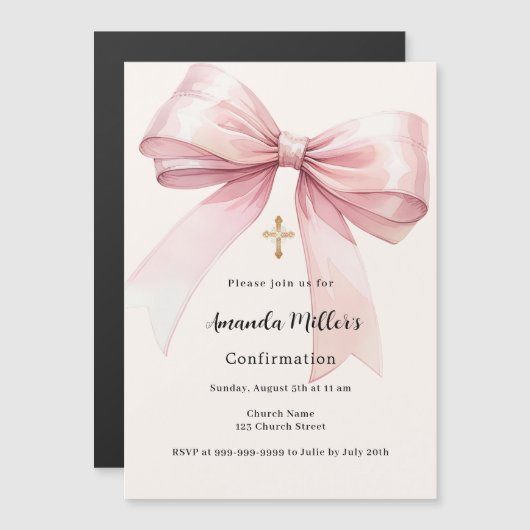 ピンクの弓クリームガール確認 マグネット招待状 (正面/裏面)