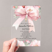 ピンクの弓クリーム花模様ガールバプテ澄んィス アクリル招待状 (インサイチュ (ポータブル))