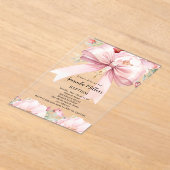 ピンクの弓クリーム花模様ガールバプテ澄んィス アクリル招待状 (レイダウン)