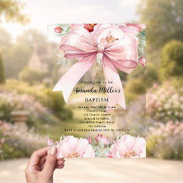 ピンクの弓クリーム花模様ガールバプテ澄んィス アクリル招待状
