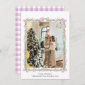 ピンクの弓グリーンガーランドのギンガムクリスマスフォト シーズンカード (正面/裏面)