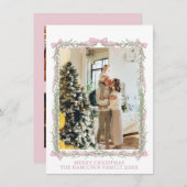 ピンクの弓グリーンガーランドのギンガムクリスマス5写真 シーズンカード (正面/裏面)