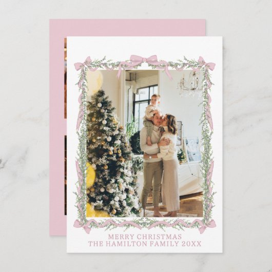 ピンクの弓グリーンガーランドのギンガムクリスマス5写真 シーズンカード (正面/裏面)