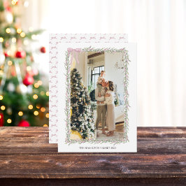 ピンクの弓グリーンガーランドクリスマスフォト シーズンカード