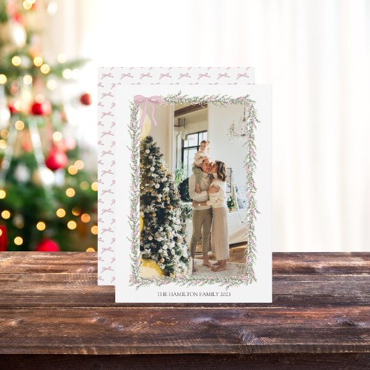 ピンクの弓グリーンガーランドクリスマスフォト シーズンカード