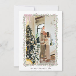 ピンクの弓グリーンガーランドクリスマスフォト 招待状