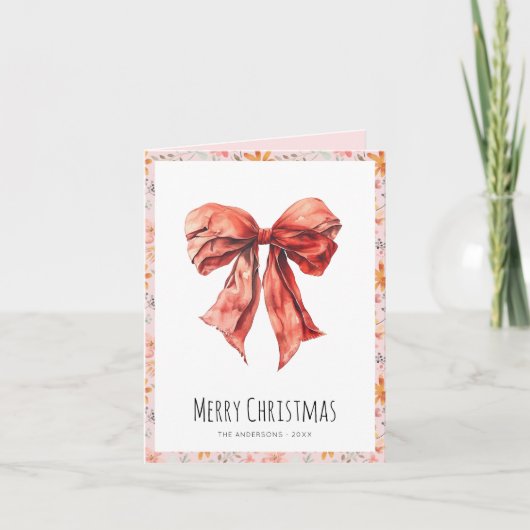 ピンクの弓コケットのクリスマスフォト シーズンカード (正面)