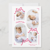 ピンクの弓コラージュ4フォトガールの写真フォトベビー 案内状 (正面)