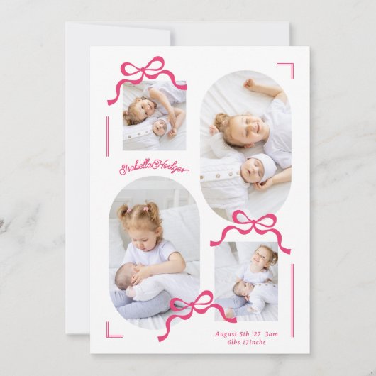 ピンクの弓コラージュ4フォトガールの写真フォトベビー 案内状 (正面)