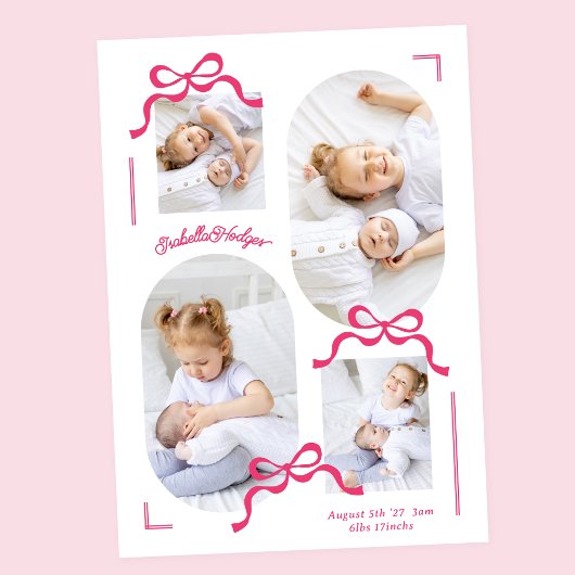 ピンクの弓コラージュ4フォトガールの写真フォトベビー 案内状