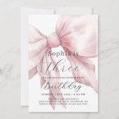 ピンクの弓シンプルのガーリー誕生日パーティーと写真 招待状 (正面)