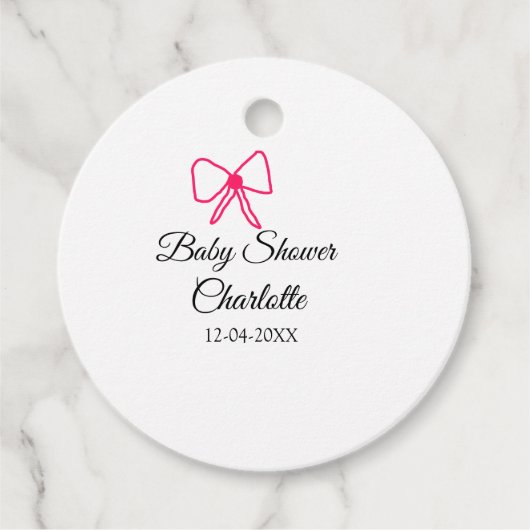 ピンクの弓シンプルの赤ちゃんシャワー追加の名前日ミニマル付 フェイバータグ (正面)