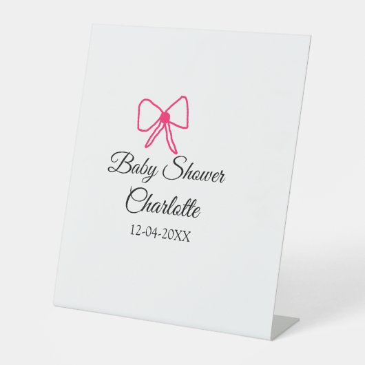 ピンクの弓シンプルの赤ちゃんシャワー追加の名前日ミニマル付 台座サイン (正面)