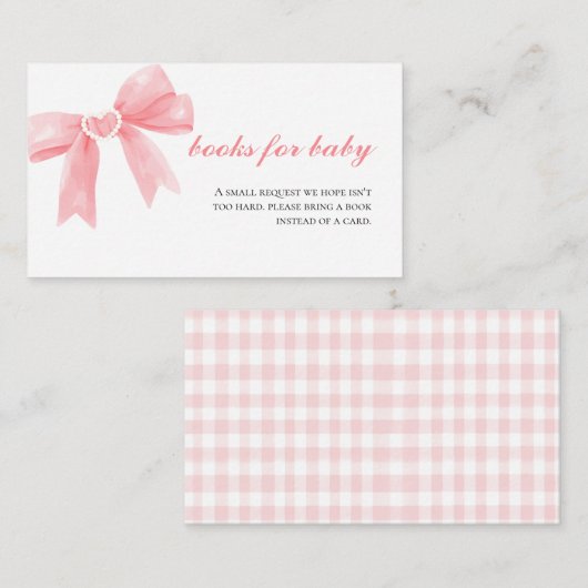 ピンクの弓ジンガム名門私立校風の赤ちゃんシャワー本ベビー エンクロージャーカード (正面/裏面)
