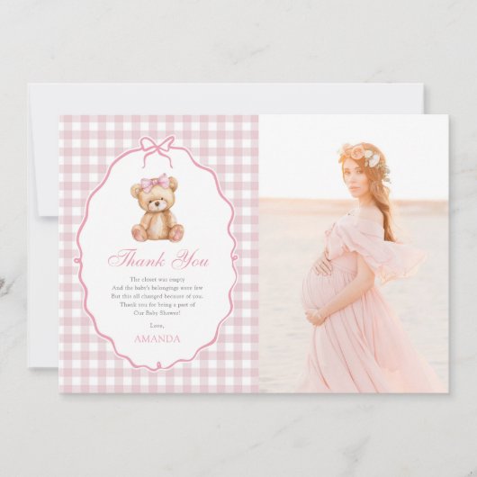 ピンクの弓ジンジャムテディベア赤ちゃんシャワー写真 サンキューカード (正面)