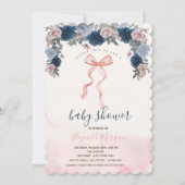 ピンクの弓ストライプの花ベビーシャワー 招待状 (正面)