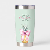 ピンクの弓パイナップル熱帯夏のセージ緑 保温保冷タンブラー (背面)