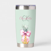 ピンクの弓パイナップル熱帯夏のセージ緑 保温保冷タンブラー (正面)