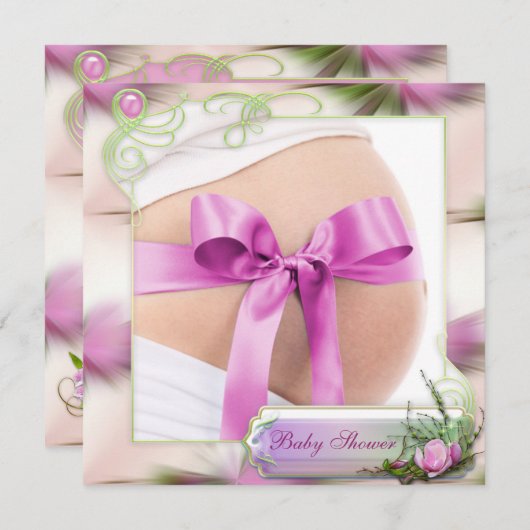 ピンクの弓ピンクのマグノリアのベビーシャワーが付いているベビーの隆起 招待状 (正面/裏面)