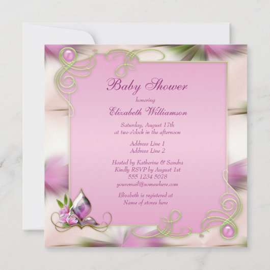 ピンクの弓ピンクのマグノリアのベビーシャワーが付いているベビーの隆起 招待状 (裏面)