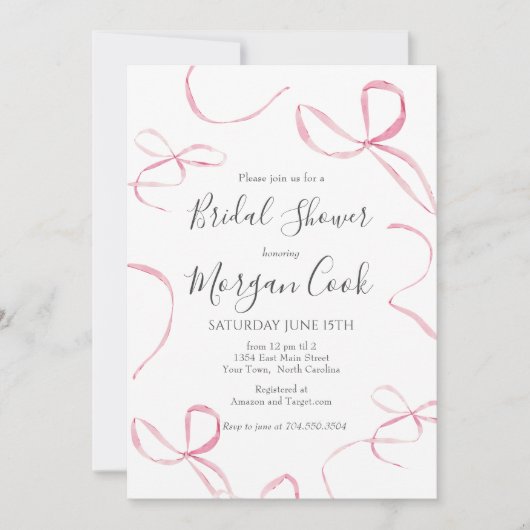 ピンクの弓ブライダルシャワー招待、結び目を結んだ 招待状 (正面)