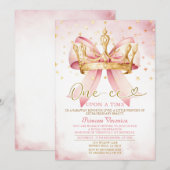 ピンクの弓プリンセス ワンセ 昔々1歳の誕生日 招待状 (正面/裏面)