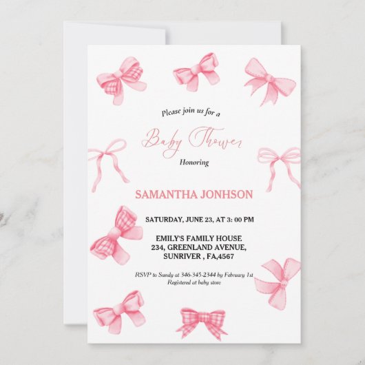 ピンクの弓ベビーガールベビーシャワー 招待状 (正面)