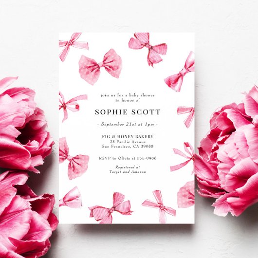 ピンクの弓ベビーガールベビーシャワー 招待状