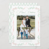 ピンクの弓ミスタントリーグリーンクリスマスクリスマスツーフォト シーズンカード (正面/裏面)