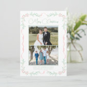 ピンクの弓ミスタントリーグリーンクリスマスクリスマスツーフォト シーズンカード (スタンド正面)