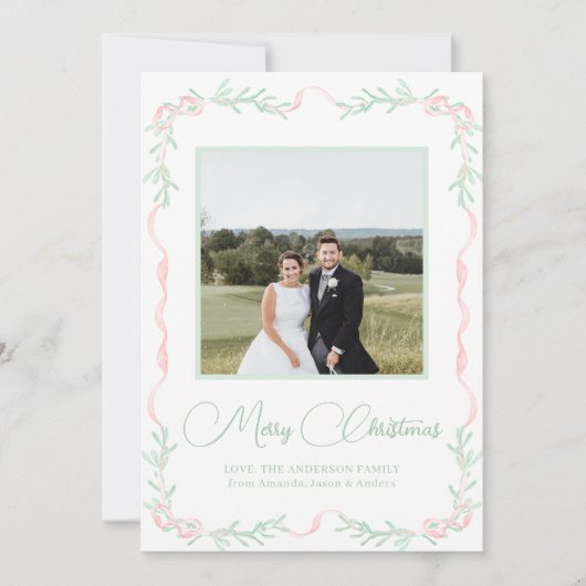 ピンクの弓ミスタントリーグリーンクリスマスフォト シーズンカード (正面)