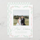 ピンクの弓ミスタントリーグリーンクリスマスフォト シーズンカード (正面/裏面)