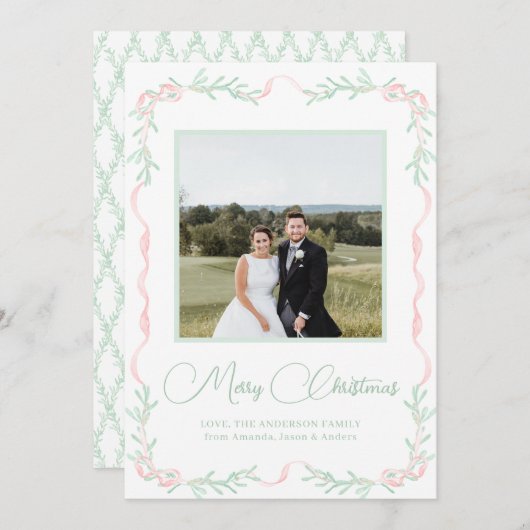 ピンクの弓ミスタントリーグリーンクリスマスフォト シーズンカード (正面/裏面)