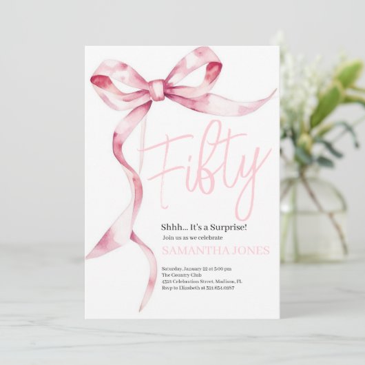 ピンクの弓モダン50歳の誕生日パーティー 招待状 (スタンド正面)