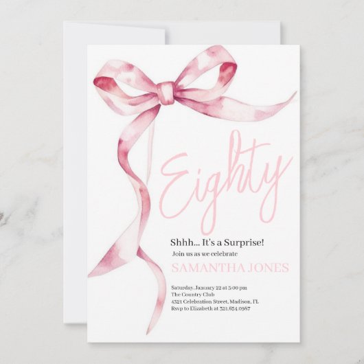 ピンクの弓モダン890th誕生日パーティー 招待状 (正面)