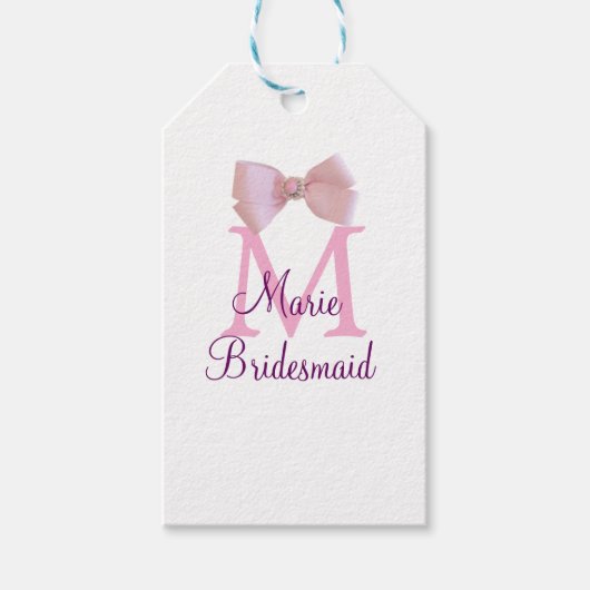 ピンクの弓モノグラムの花嫁のモダンラスガーリートl ギフトタグ (正面)