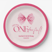 ピンクの弓リトル恋しく思オネダーフル1歳の誕生日 ペーパープレート (正面)