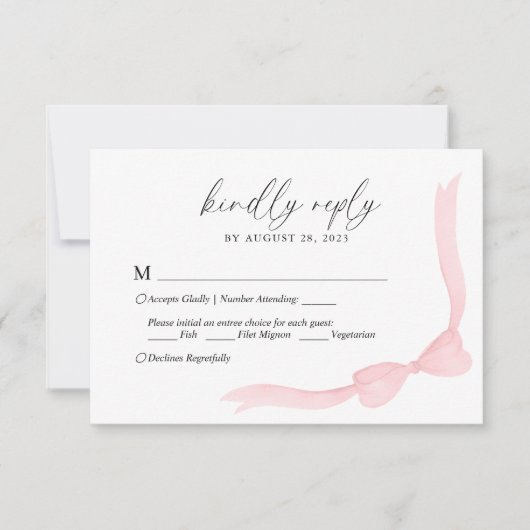 ピンクの弓リボンのメニュー選択の結婚式RSVP 出欠カード (正面)
