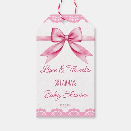 ピンクの弓レトロなレースの赤感謝していちゃんシャワーあなたが好き ギフトタグ (正面)
