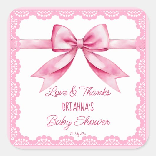 ピンクの弓レトロなレースの赤感謝していちゃんシャワーあなたが好き スクエアシール (正面)