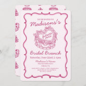 ピンクの弓レトロハートコケッテケーキ ブライダルランチ 招待状 (正面/裏面)