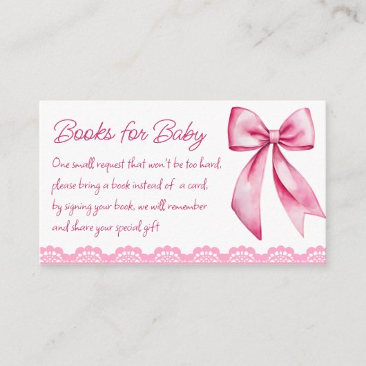 ピンクの弓レトロレース赤ちゃんシャワー本リクエスト エンクロージャーカード (正面)