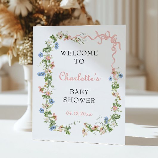 ピンクの弓ワイルドフラワーベビーシャワーへようこそ ポスター