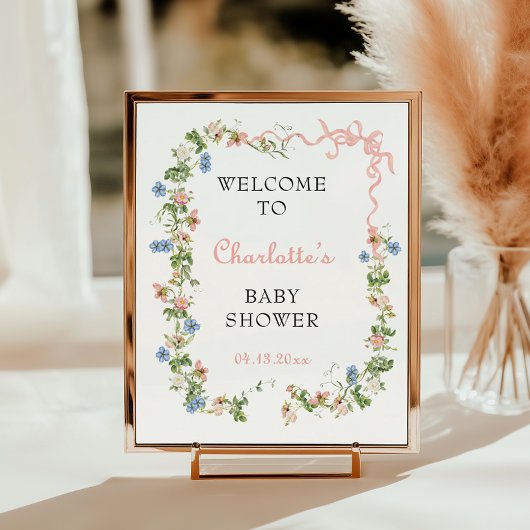 ピンクの弓ワイルドフラワーベビーシャワーへようこそ ポスター