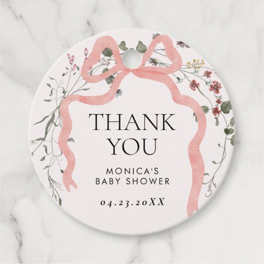 ピンクの弓ワイルドフラワーベビーシャワー フェイバータグ (正面)