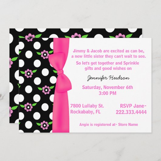 ピンクの弓女の赤ちゃんはシャワーの招待状を振りかけます 招待状 (正面/裏面)