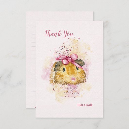 ピンクの弓文房具付きモルモットパーソナライズされた 招待状 (正面/裏面)