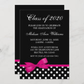 ピンクの弓水玉模様の卒業の発表 招待状 (正面/裏面)