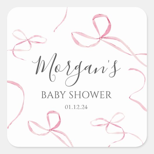 ピンクの弓紙プレート、弓テーマ装飾 スクエアシール (正面)