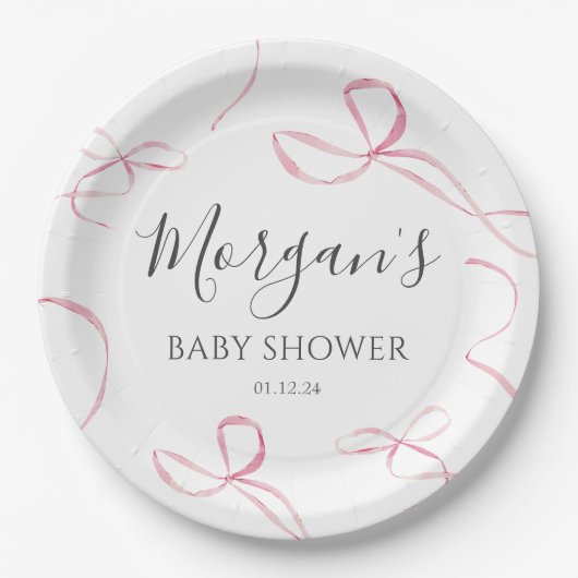 ピンクの弓紙プレート、弓テーマ装飾 ペーパープレート (正面)